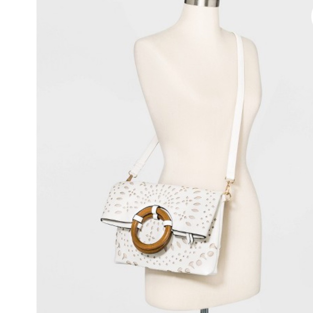 Wood Handle Foldover Crossbody Bag